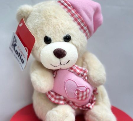 peluche-osito-beige-dormilon-gorrito-cojin-corazon-rosa-cuadros-floreria-katia-tapachula